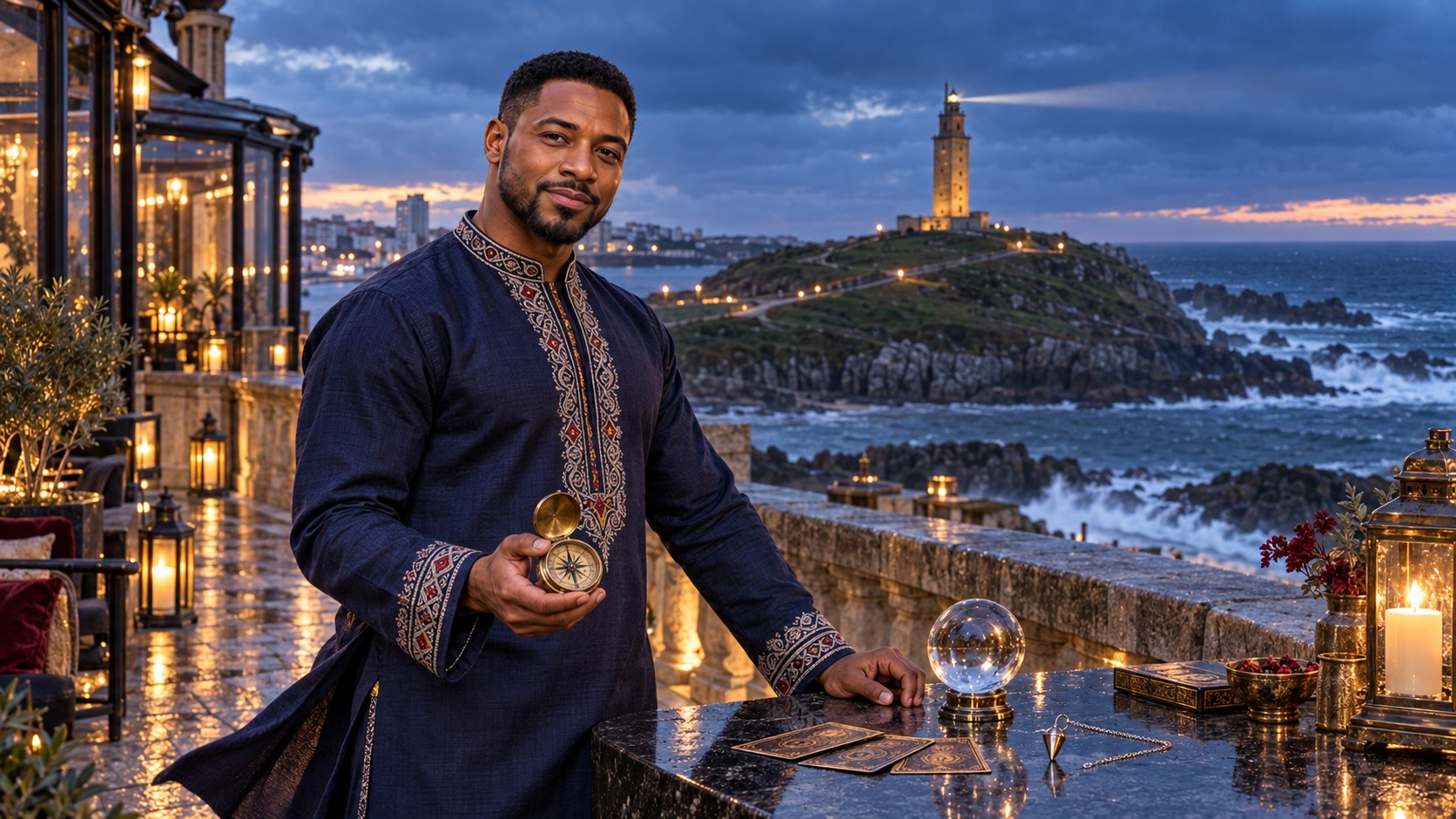 Maestro Senla en A Coruña frente a la Torre de Hércules y el océano Atlántico